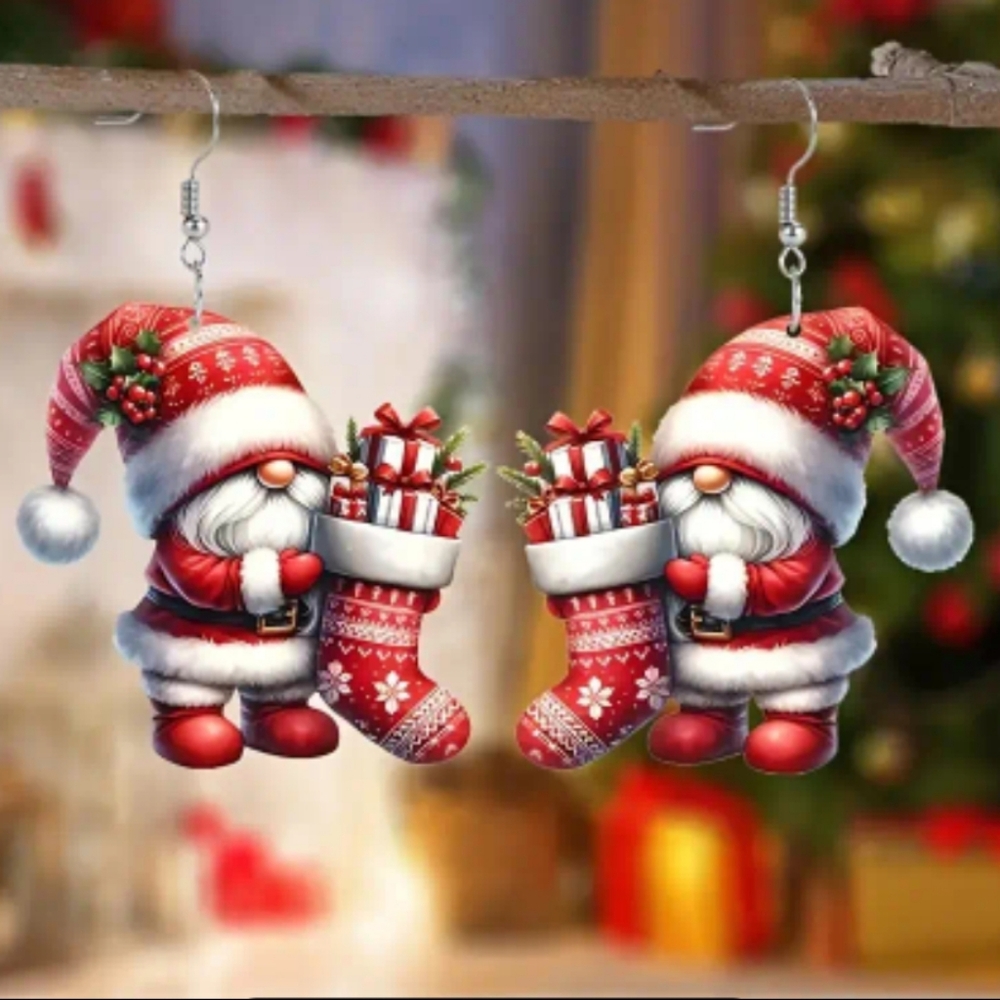 Holiday Acrylic Santa Gnome With Stocking Earrings. NWOT